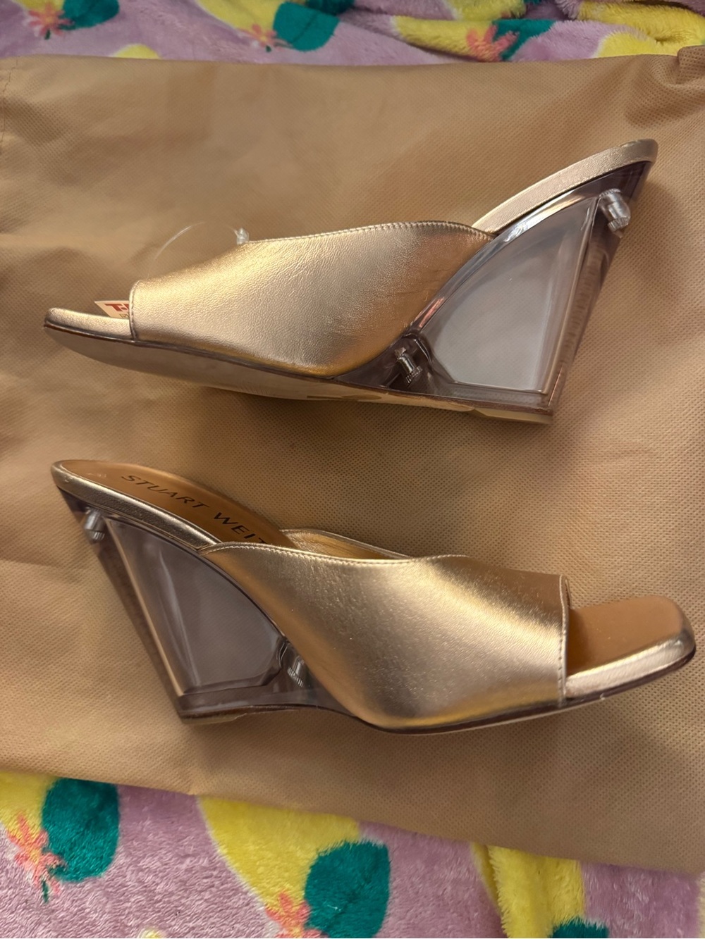 Never worn Stuart Weitzman Metallic Gold Clear-Wedge Slide Sandals 7.5